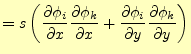 $\displaystyle = s \left( \frac{\partial \phi_i}{\partial x} \frac{\partial \phi...
...+ \frac{\partial \phi_i}{\partial y} \frac{\partial \phi_k}{\partial y} \right)$