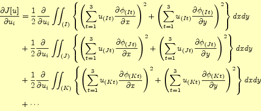 \begin{displaymath}\begin{split} \frac{\partial J[u]}{\partial u_i} &=  \frac{...
...}}{\partial y}\right)^2\right\}dxdy \\  &+ \cdots \end{split}\end{displaymath}
